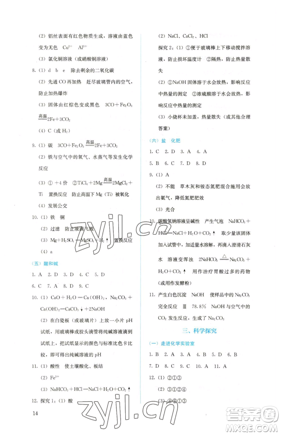 人民教育出版社2023人教金學(xué)典同步解析與測(cè)評(píng)九年級(jí)下冊(cè)化學(xué)人教版山西專用參考答案