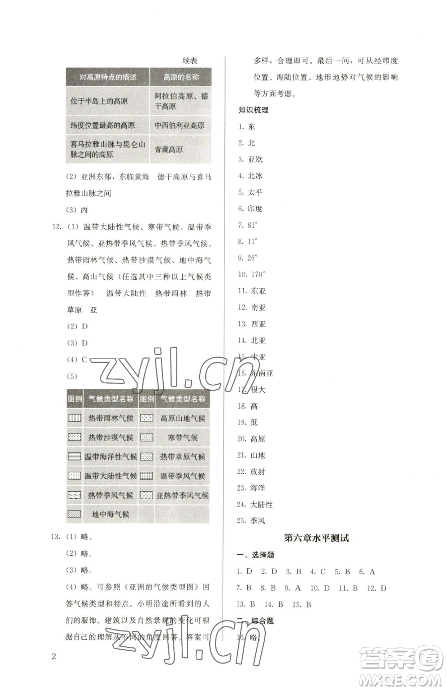 人民教育出版社2023人教金學(xué)典同步解析與測評七年級下冊地理人教版參考答案