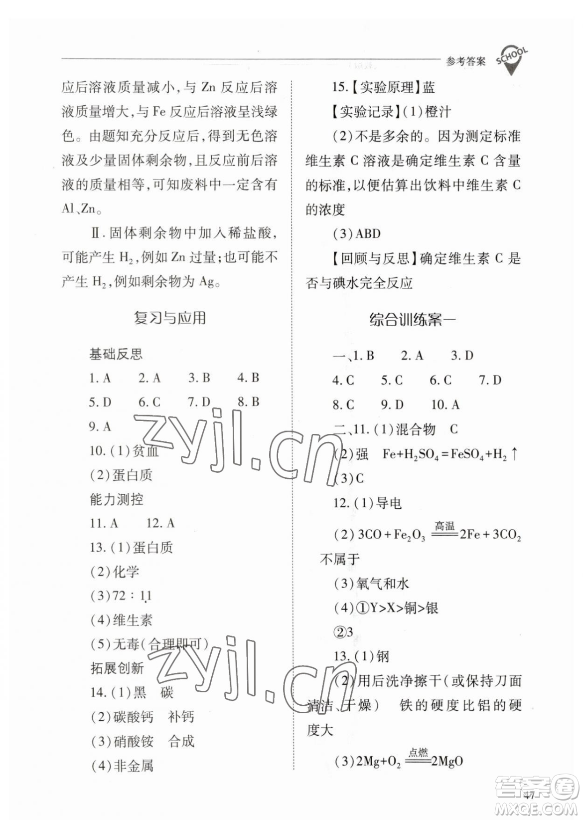 山西教育出版社2023新課程問題解決導(dǎo)學(xué)方案九年級(jí)下冊(cè)化學(xué)人教版參考答案