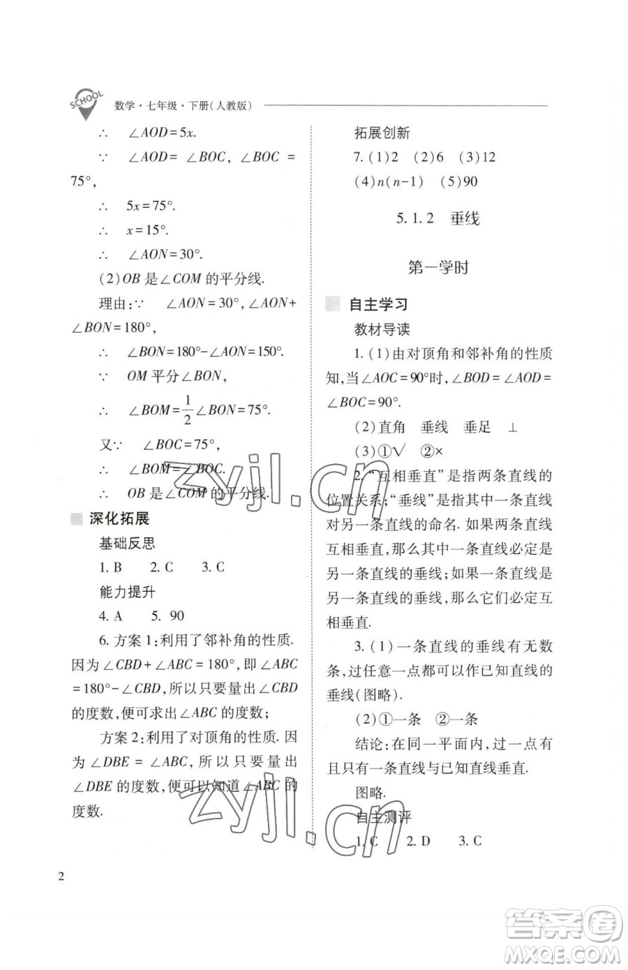 山西教育出版社2023新課程問題解決導(dǎo)學(xué)方案七年級下冊數(shù)學(xué)人教版參考答案