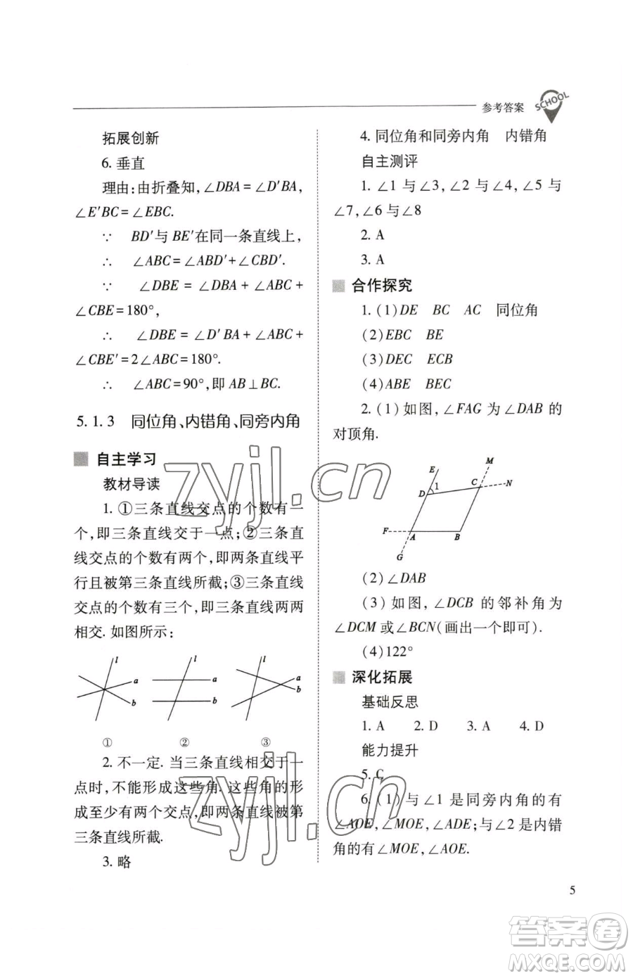 山西教育出版社2023新課程問題解決導(dǎo)學(xué)方案七年級下冊數(shù)學(xué)人教版參考答案