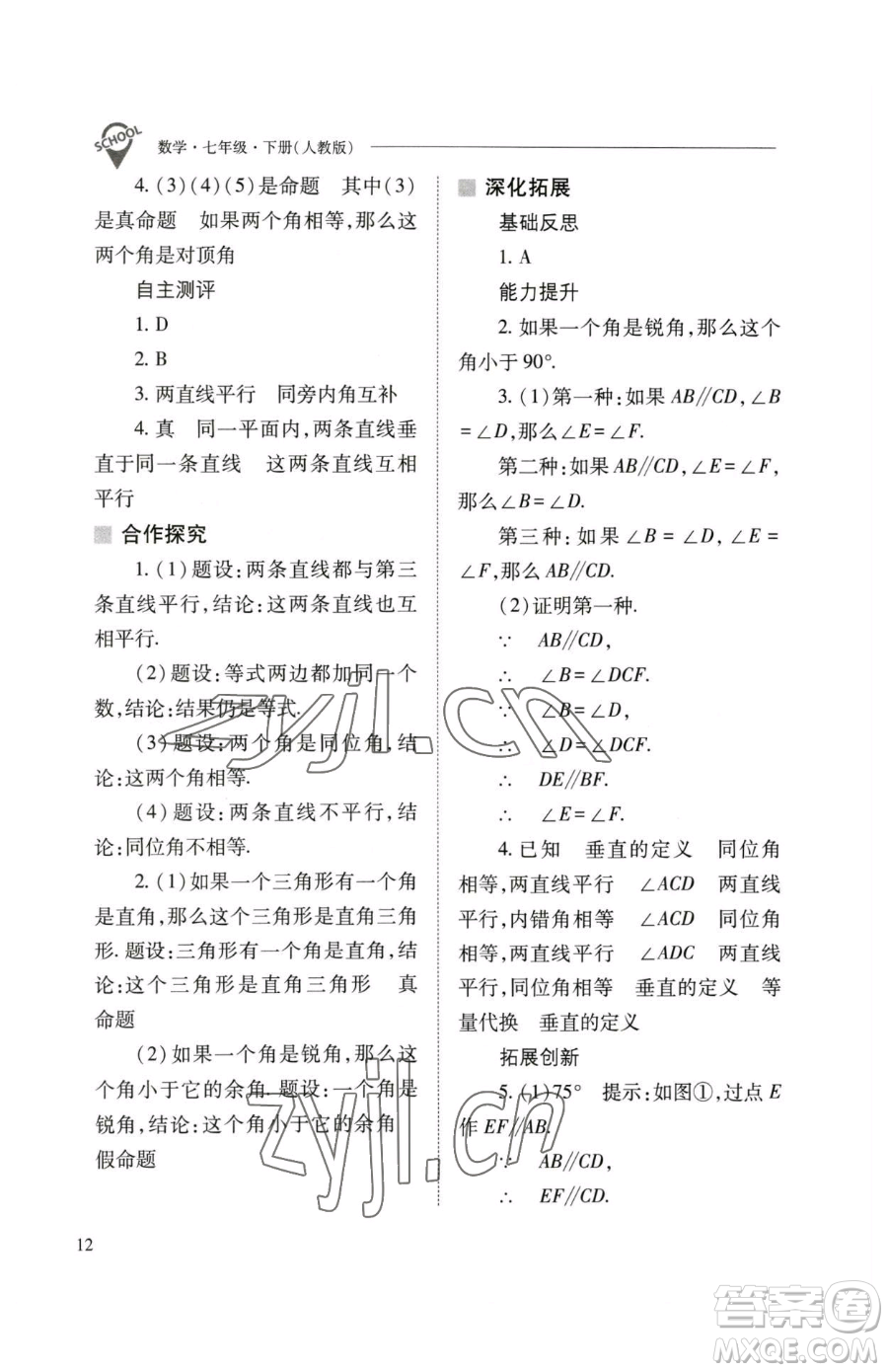 山西教育出版社2023新課程問題解決導(dǎo)學(xué)方案七年級下冊數(shù)學(xué)人教版參考答案