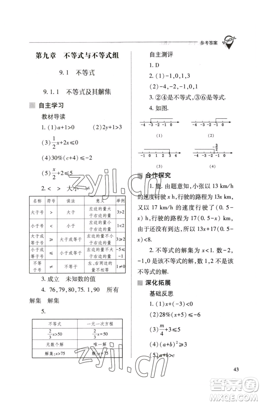 山西教育出版社2023新課程問題解決導(dǎo)學(xué)方案七年級下冊數(shù)學(xué)人教版參考答案