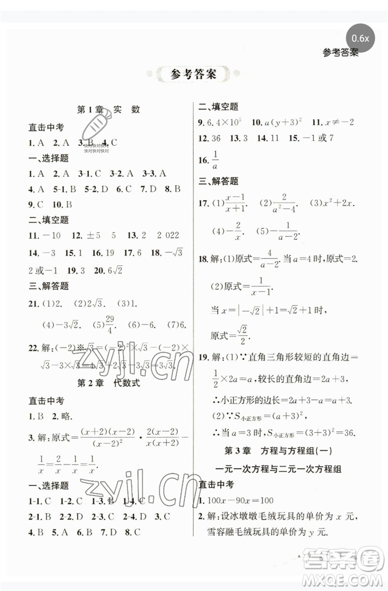 現(xiàn)代教育出版社2023大連中考沖刺課標(biāo)復(fù)習(xí)九年級(jí)數(shù)學(xué)通用版參考答案