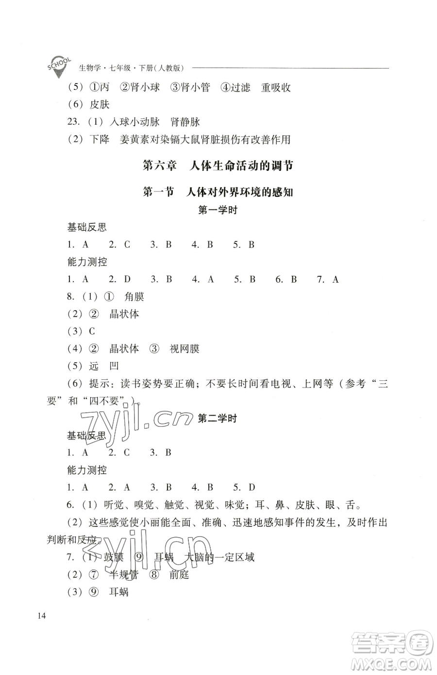 山西教育出版社2023新課程問題解決導(dǎo)學(xué)方案七年級下冊生物學(xué)人教版參考答案