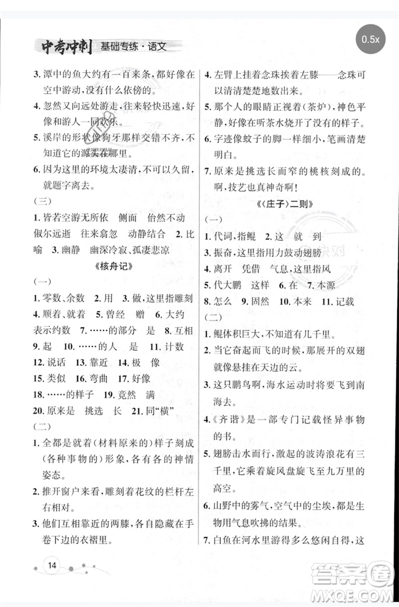 遼寧大學出版社2023年大連中考沖刺基礎專練九年級語文通用版參考答案