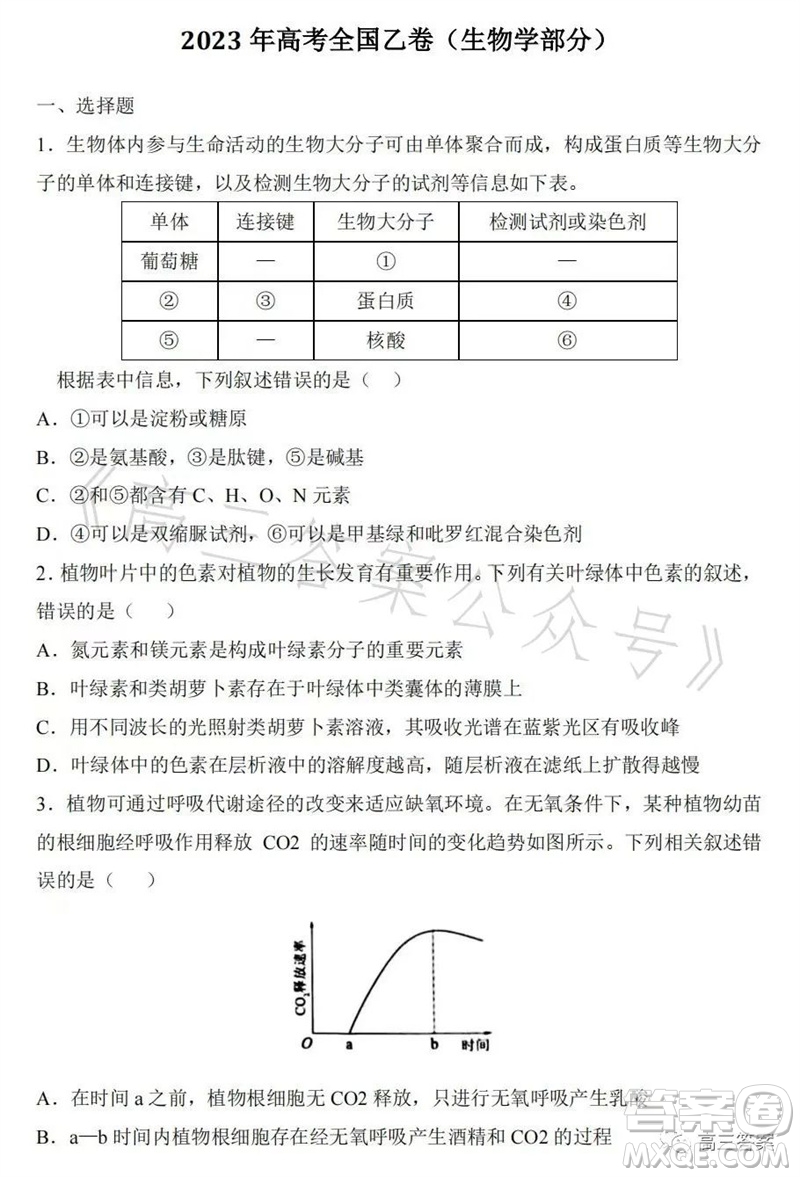 2023年高考全國乙卷理科綜合生物試題答案