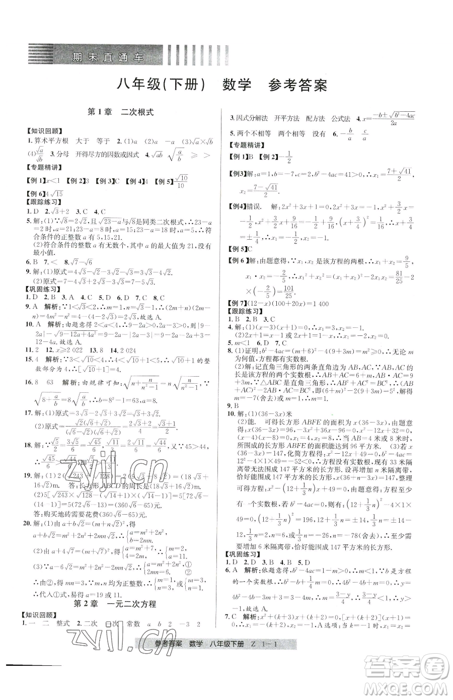 寧波出版社2023期末直通車(chē)八年級(jí)下冊(cè)數(shù)學(xué)浙教版參考答案