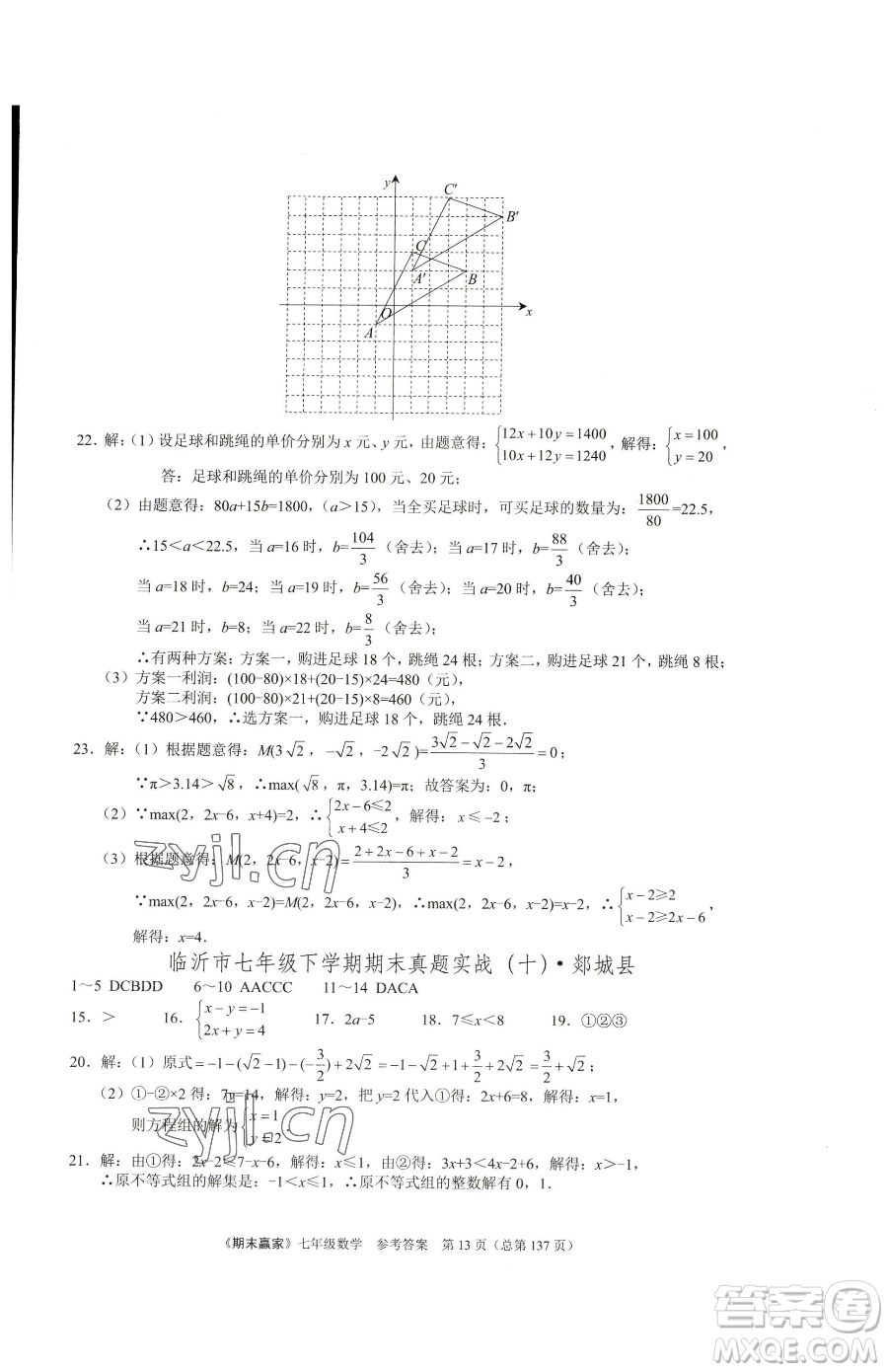 云南美術(shù)出版社2023期末贏家七年級下冊數(shù)學人教版臨沂專用參考答案