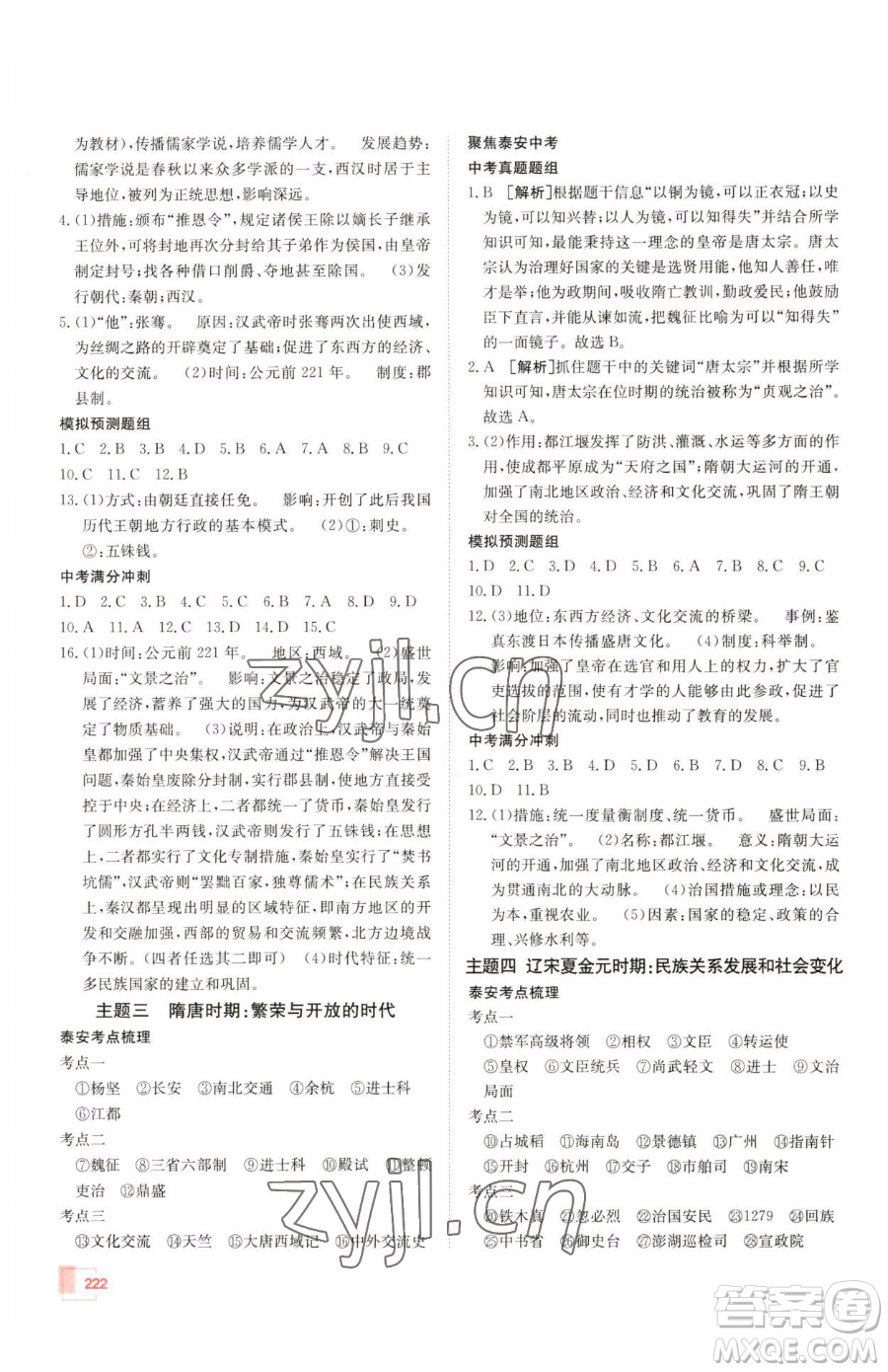 新疆青少年出版社2023升學(xué)錦囊九年級(jí)全一冊(cè)歷史泰安專(zhuān)版參考答案