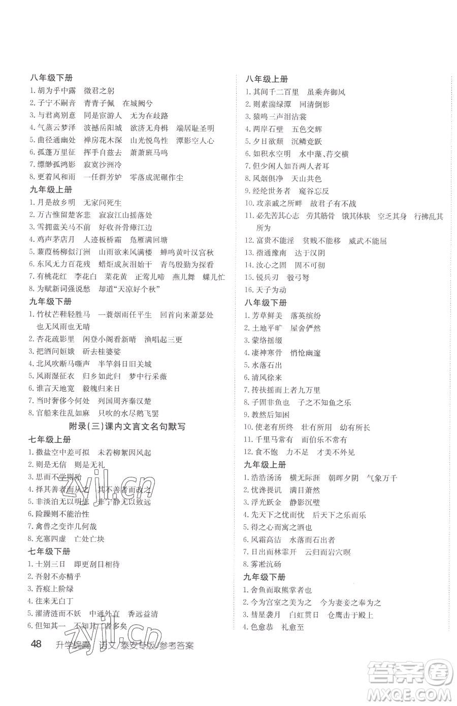 新疆青少年出版社2023升學錦囊九年級全一冊語文泰安專版參考答案