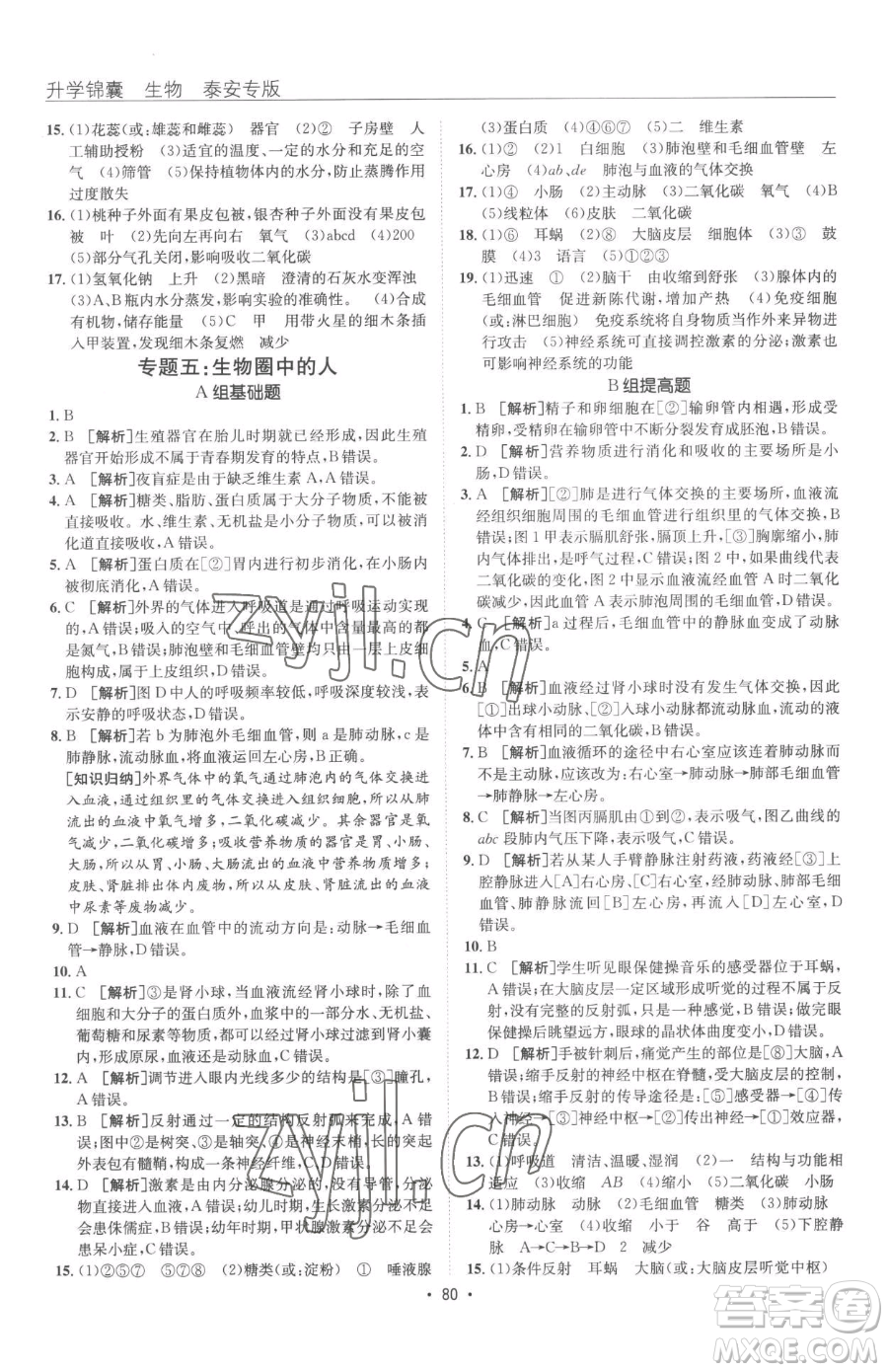 新疆青少年出版社2023升學(xué)錦囊九年級全一冊生物泰安專版參考答案