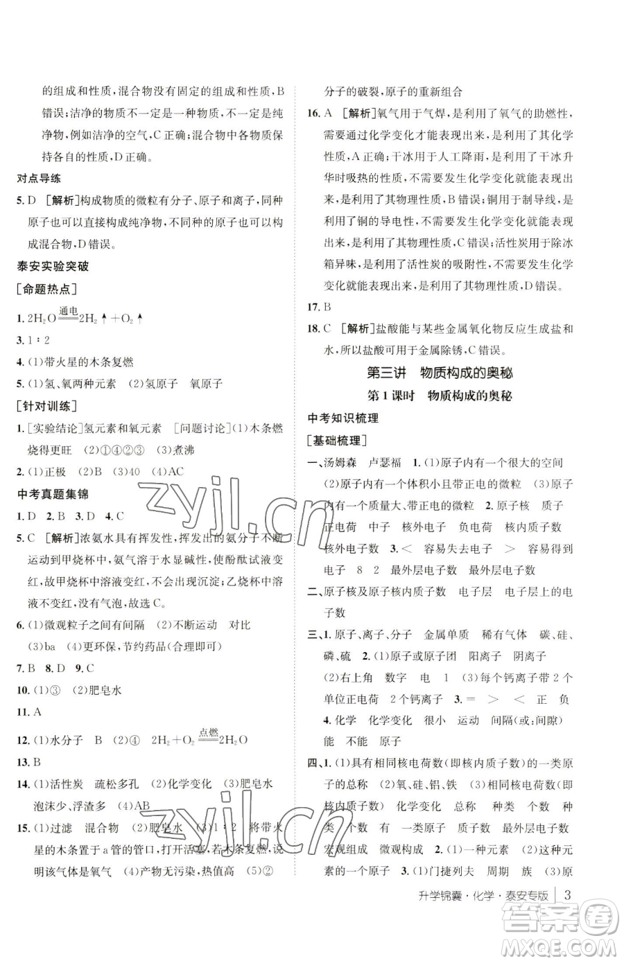 新疆青少年出版社2023升學(xué)錦囊九年級(jí)全一冊(cè)化學(xué)泰安專(zhuān)版參考答案