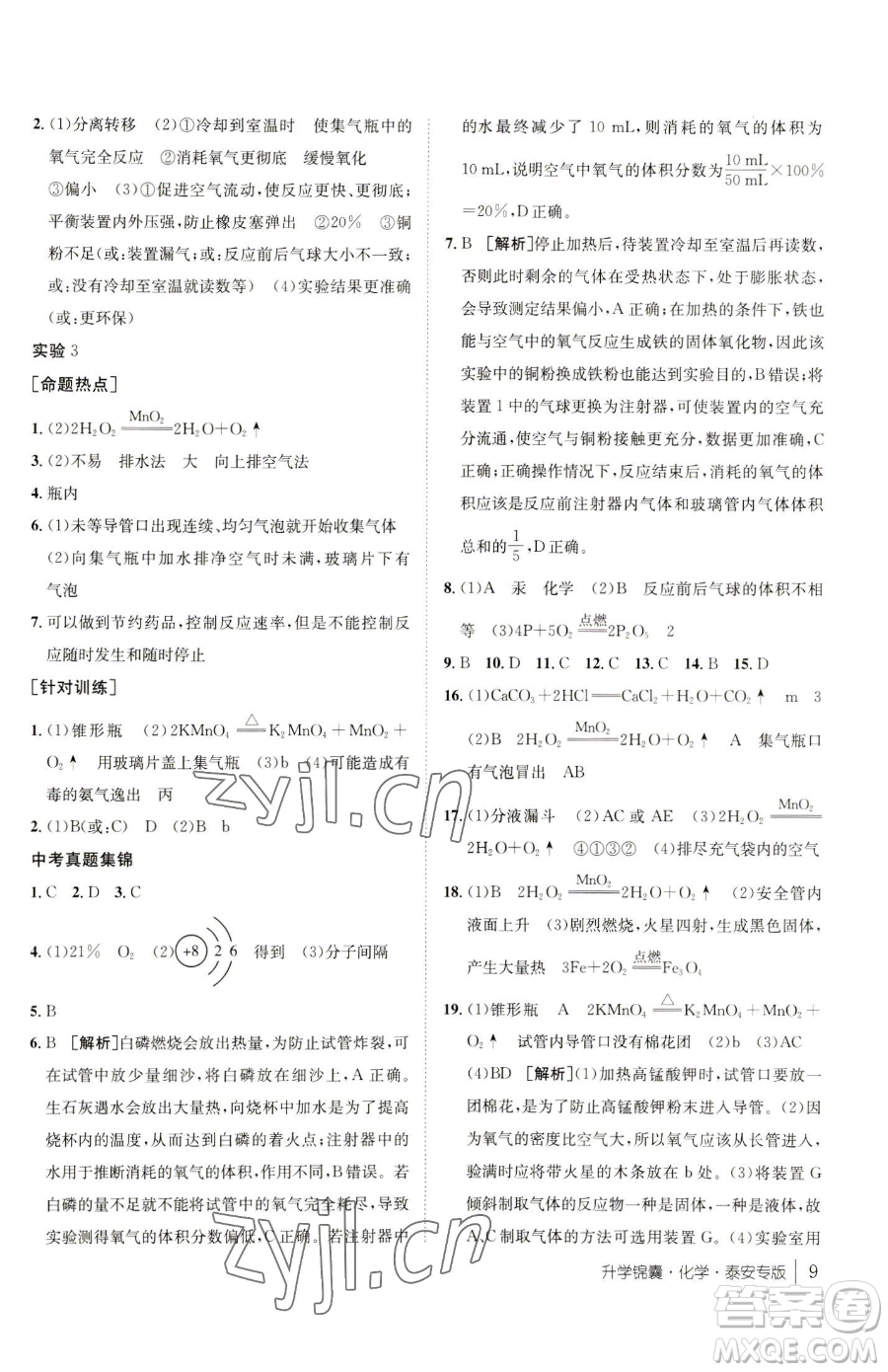 新疆青少年出版社2023升學(xué)錦囊九年級(jí)全一冊(cè)化學(xué)泰安專(zhuān)版參考答案