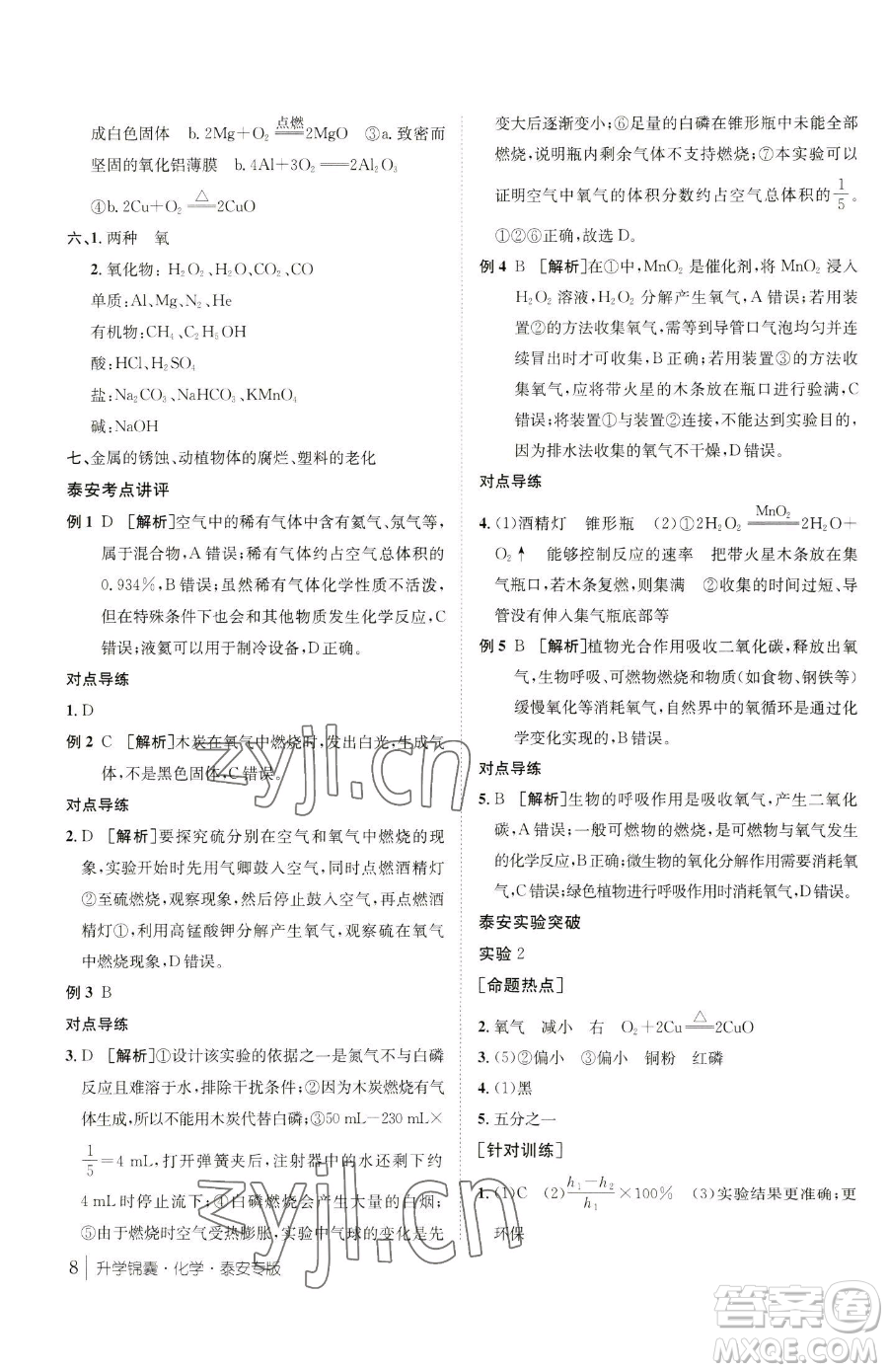 新疆青少年出版社2023升學(xué)錦囊九年級(jí)全一冊(cè)化學(xué)泰安專(zhuān)版參考答案