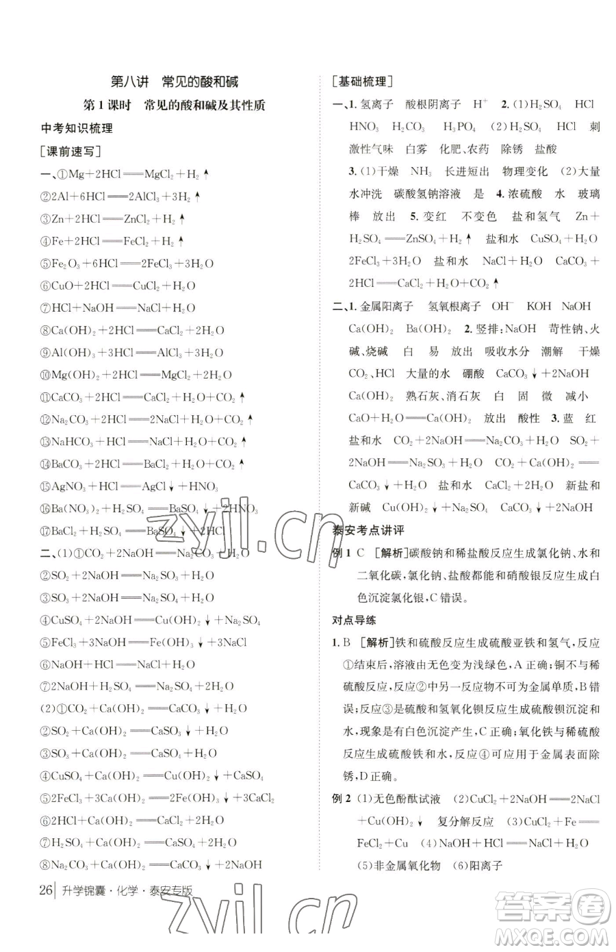 新疆青少年出版社2023升學(xué)錦囊九年級(jí)全一冊(cè)化學(xué)泰安專(zhuān)版參考答案