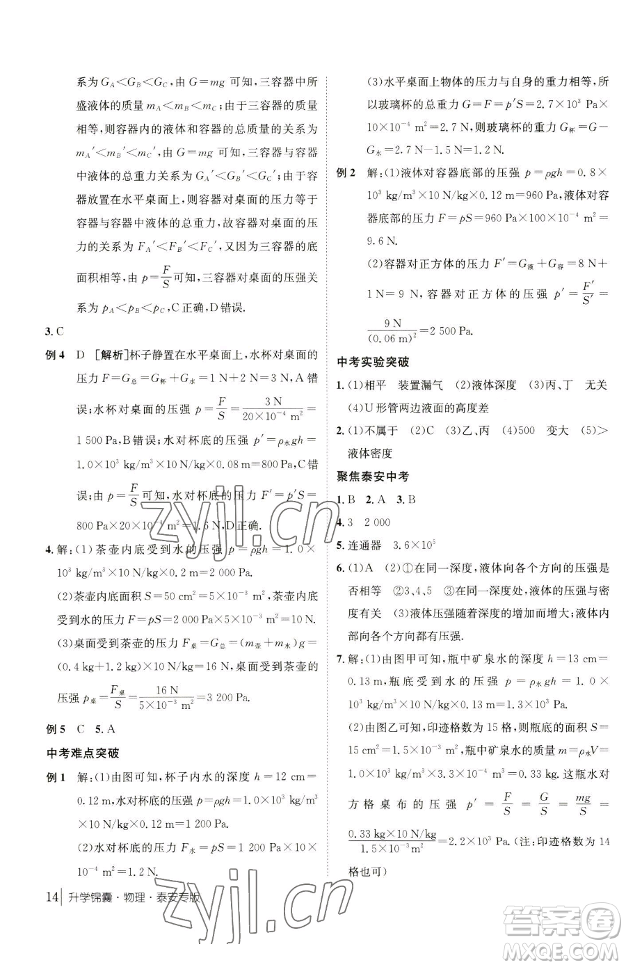 新疆青少年出版社2023升學(xué)錦囊九年級全一冊物理泰安專版參考答案