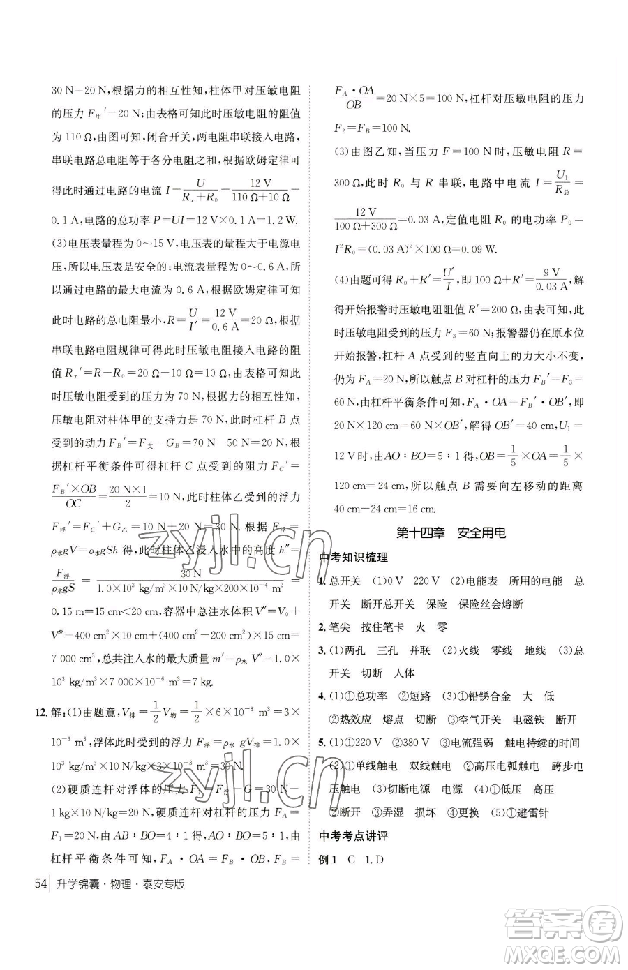 新疆青少年出版社2023升學(xué)錦囊九年級全一冊物理泰安專版參考答案