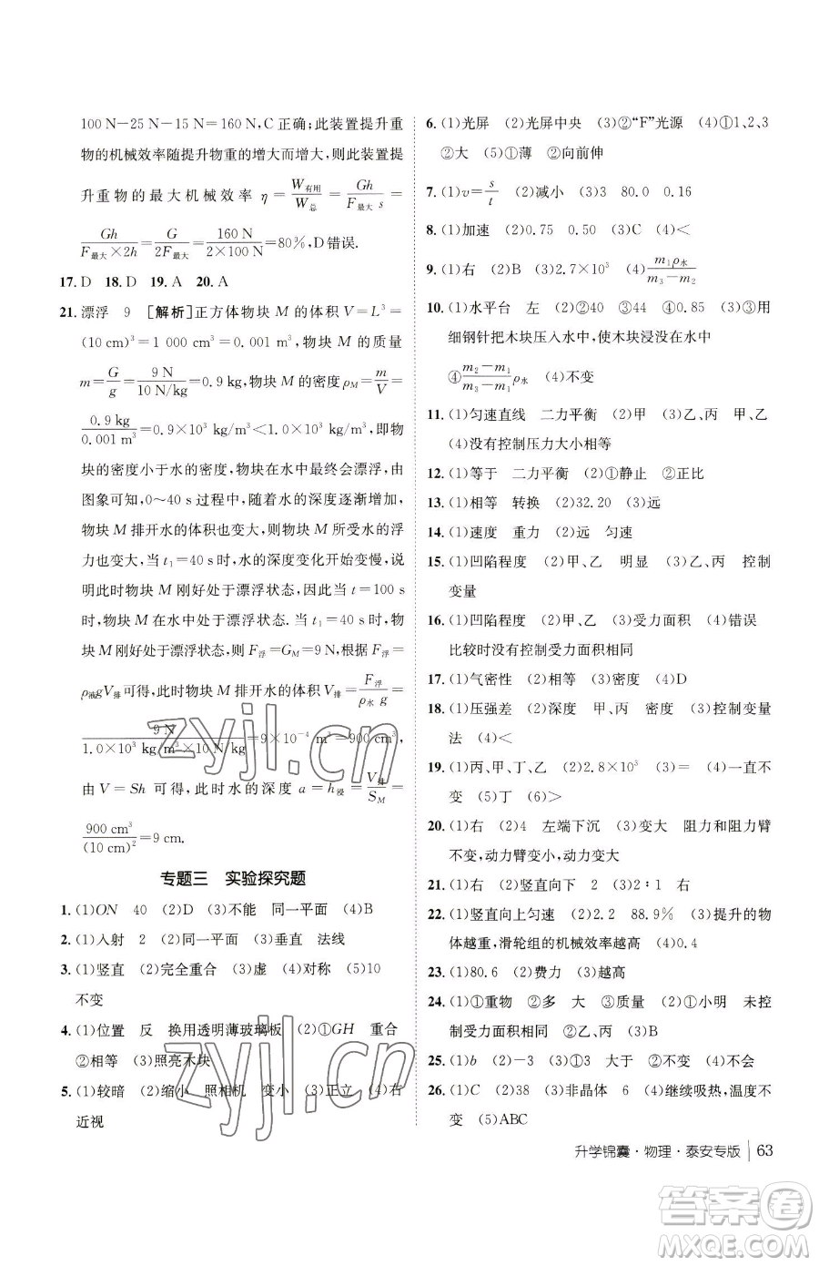 新疆青少年出版社2023升學(xué)錦囊九年級全一冊物理泰安專版參考答案