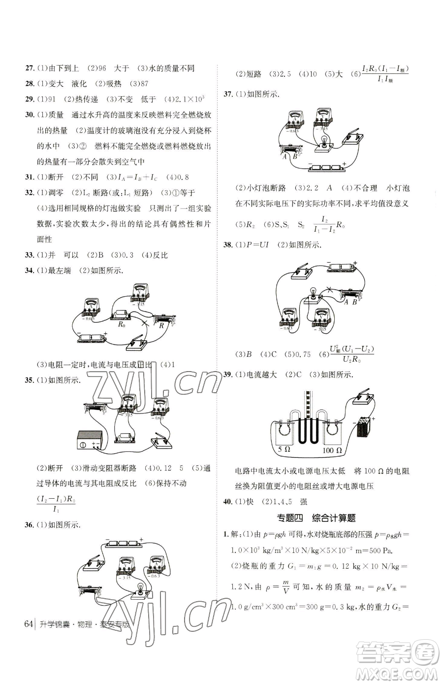 新疆青少年出版社2023升學(xué)錦囊九年級全一冊物理泰安專版參考答案