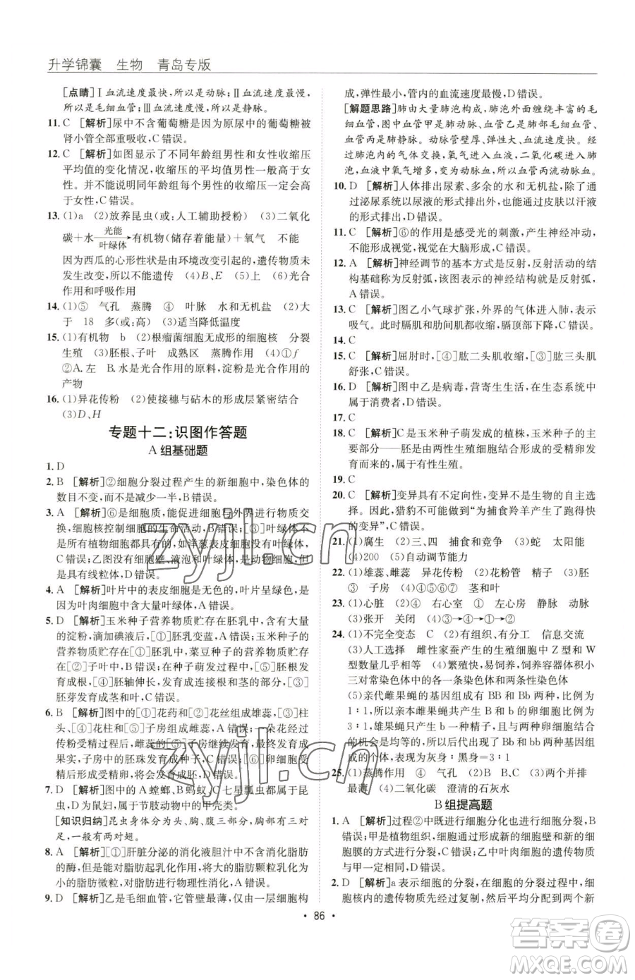 新疆青少年出版社2023升學(xué)錦囊九年級(jí)全一冊(cè)生物青島專版參考答案