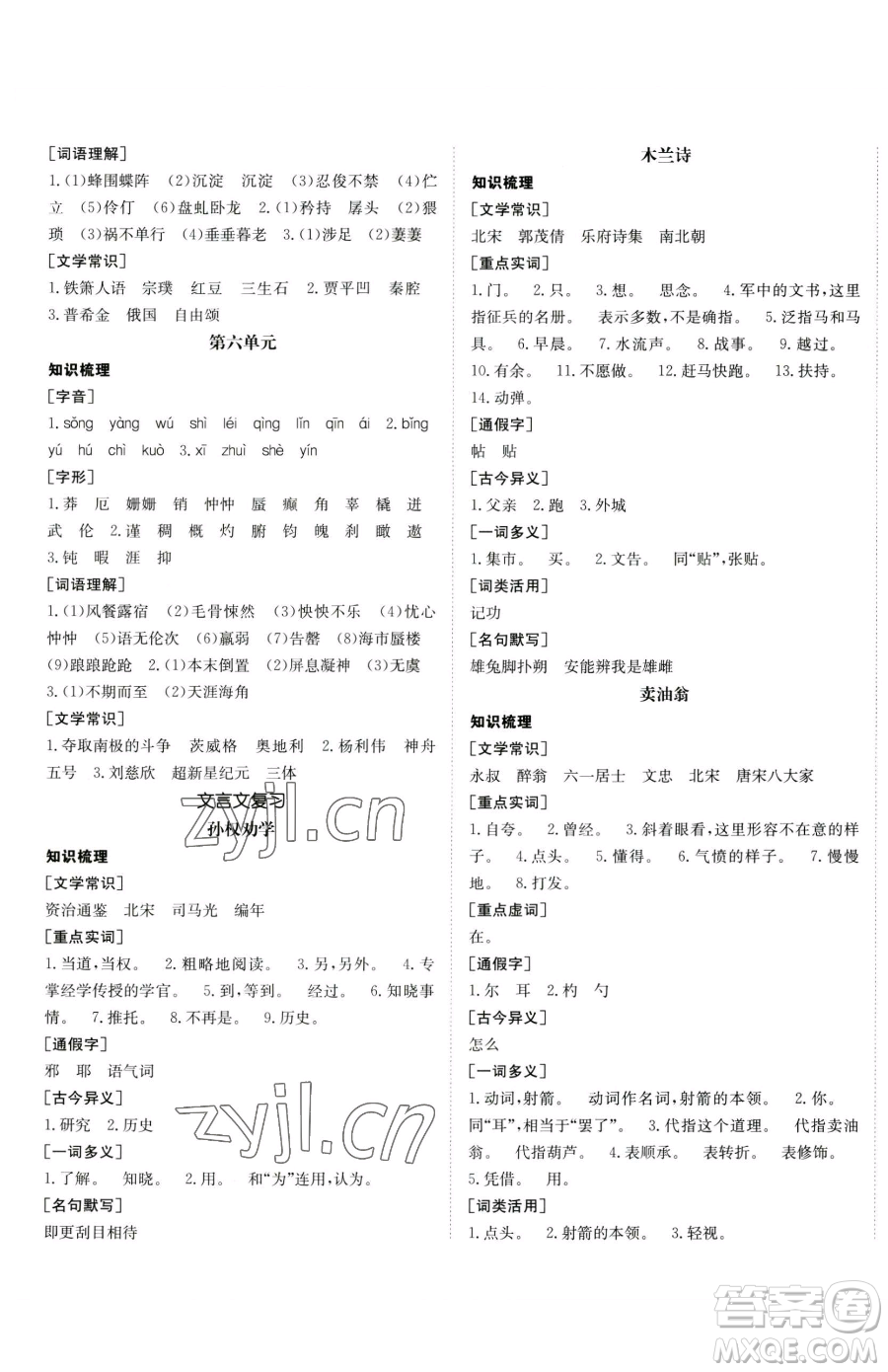 新疆青少年出版社2023升學(xué)錦囊九年級全一冊語文青島專版參考答案