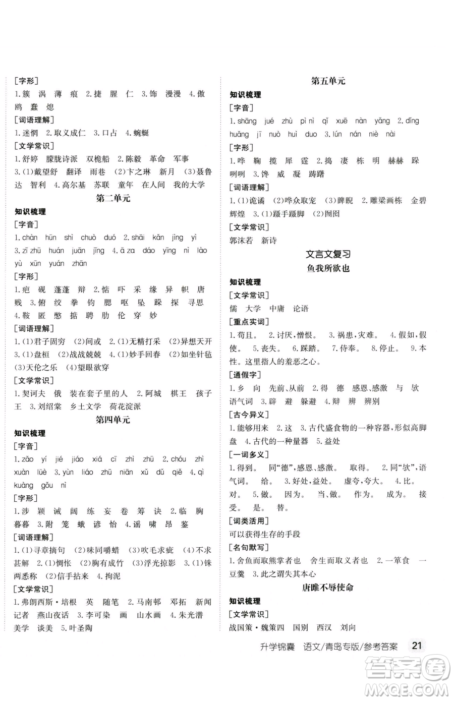 新疆青少年出版社2023升學(xué)錦囊九年級全一冊語文青島專版參考答案