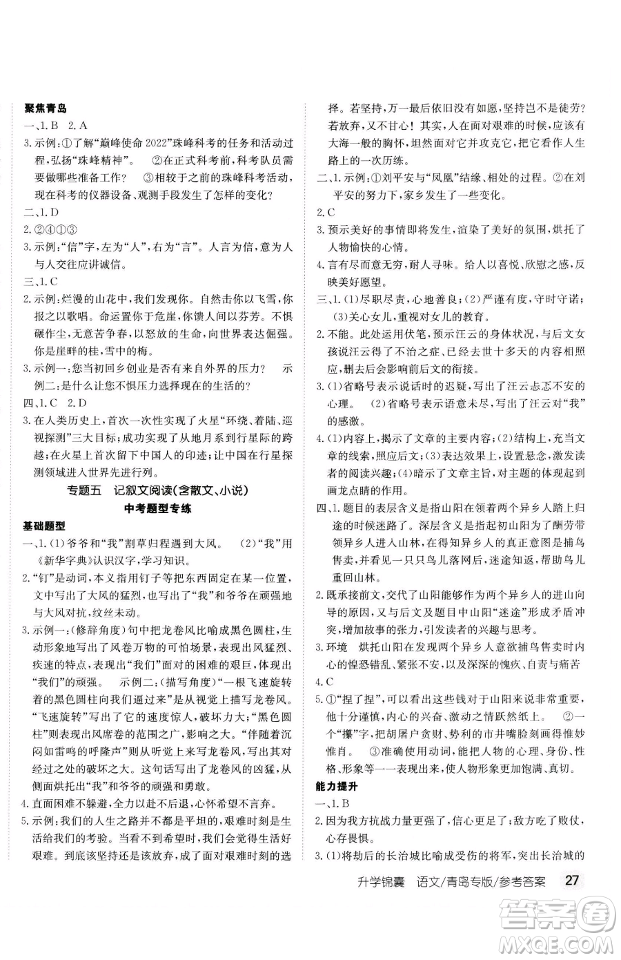 新疆青少年出版社2023升學(xué)錦囊九年級全一冊語文青島專版參考答案