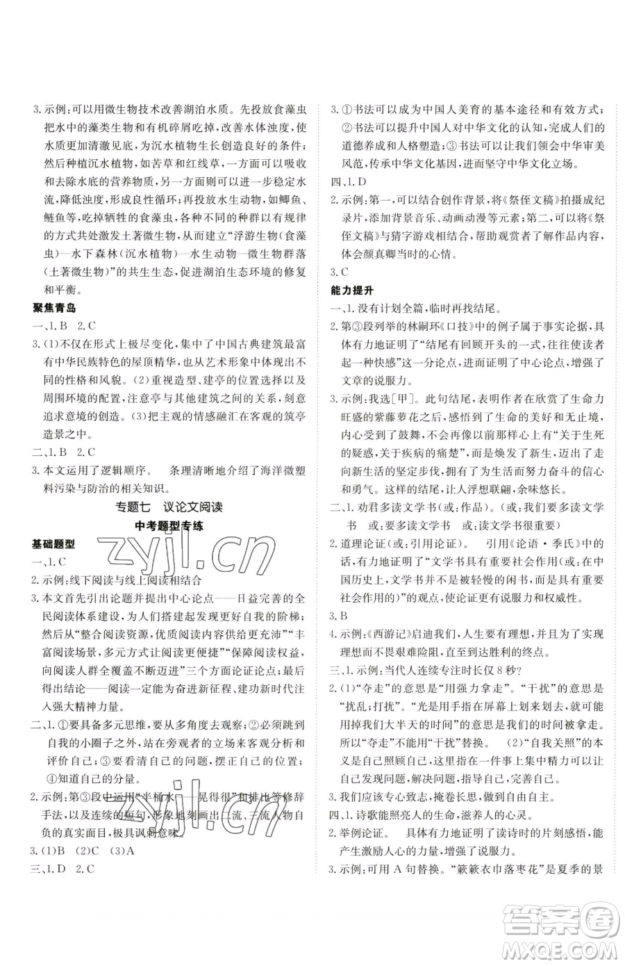 新疆青少年出版社2023升學(xué)錦囊九年級全一冊語文青島專版參考答案