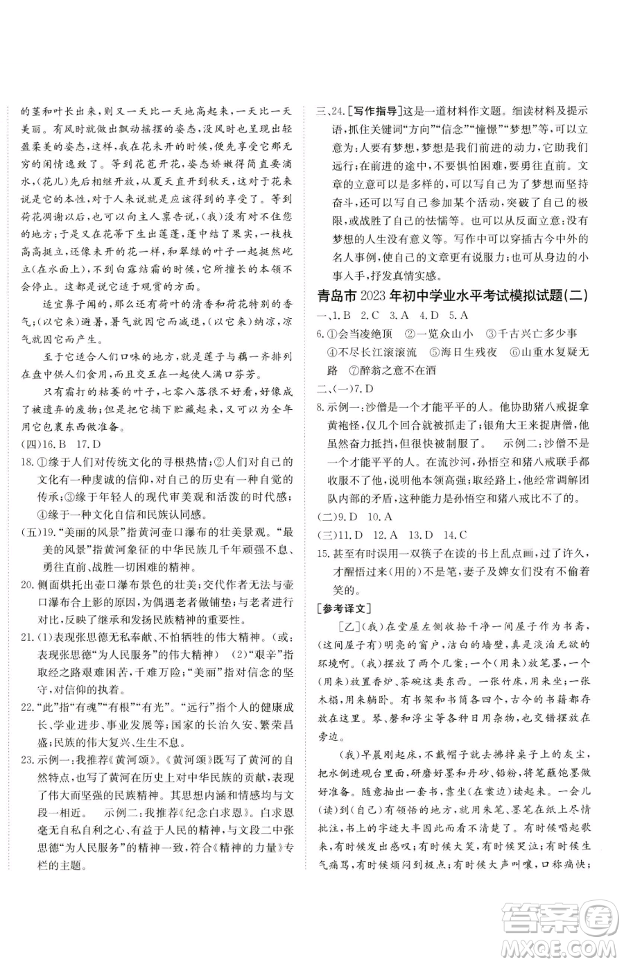 新疆青少年出版社2023升學(xué)錦囊九年級全一冊語文青島專版參考答案