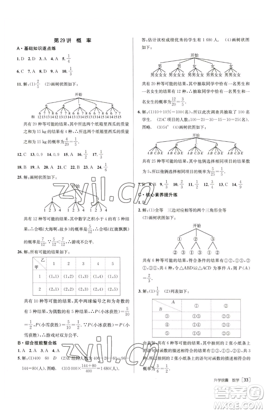 新疆青少年出版社2023升學(xué)錦囊九年級(jí)全一冊(cè)數(shù)學(xué)青島專版參考答案