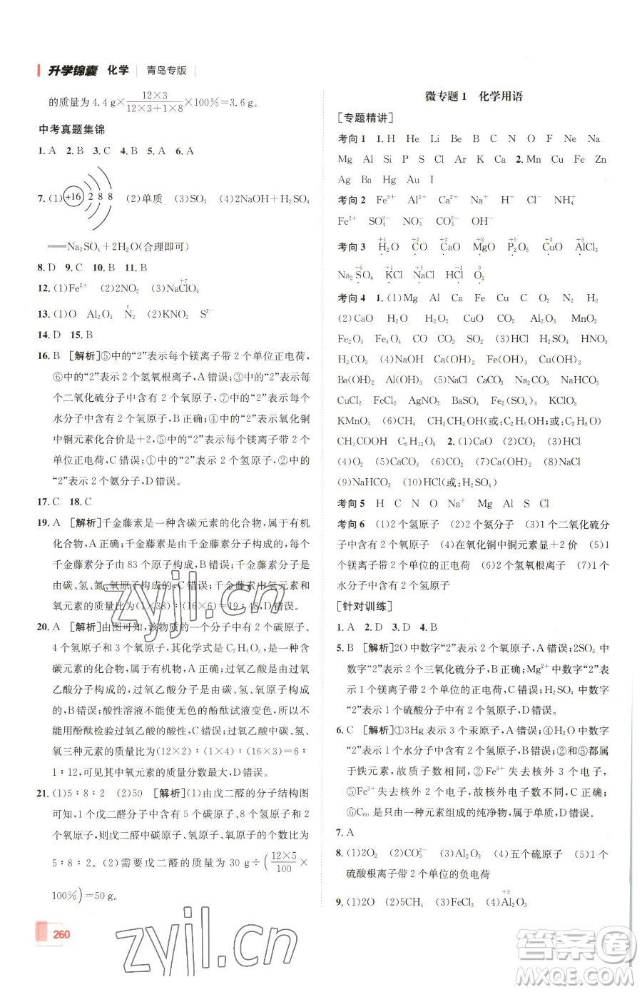 新疆青少年出版社2023升學(xué)錦囊九年級全一冊化學(xué)青島專版參考答案