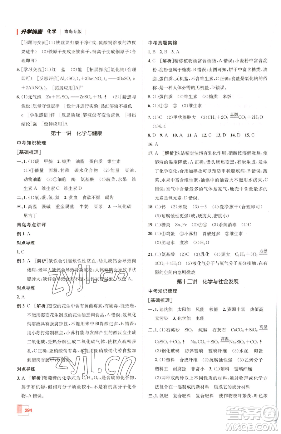 新疆青少年出版社2023升學(xué)錦囊九年級全一冊化學(xué)青島專版參考答案