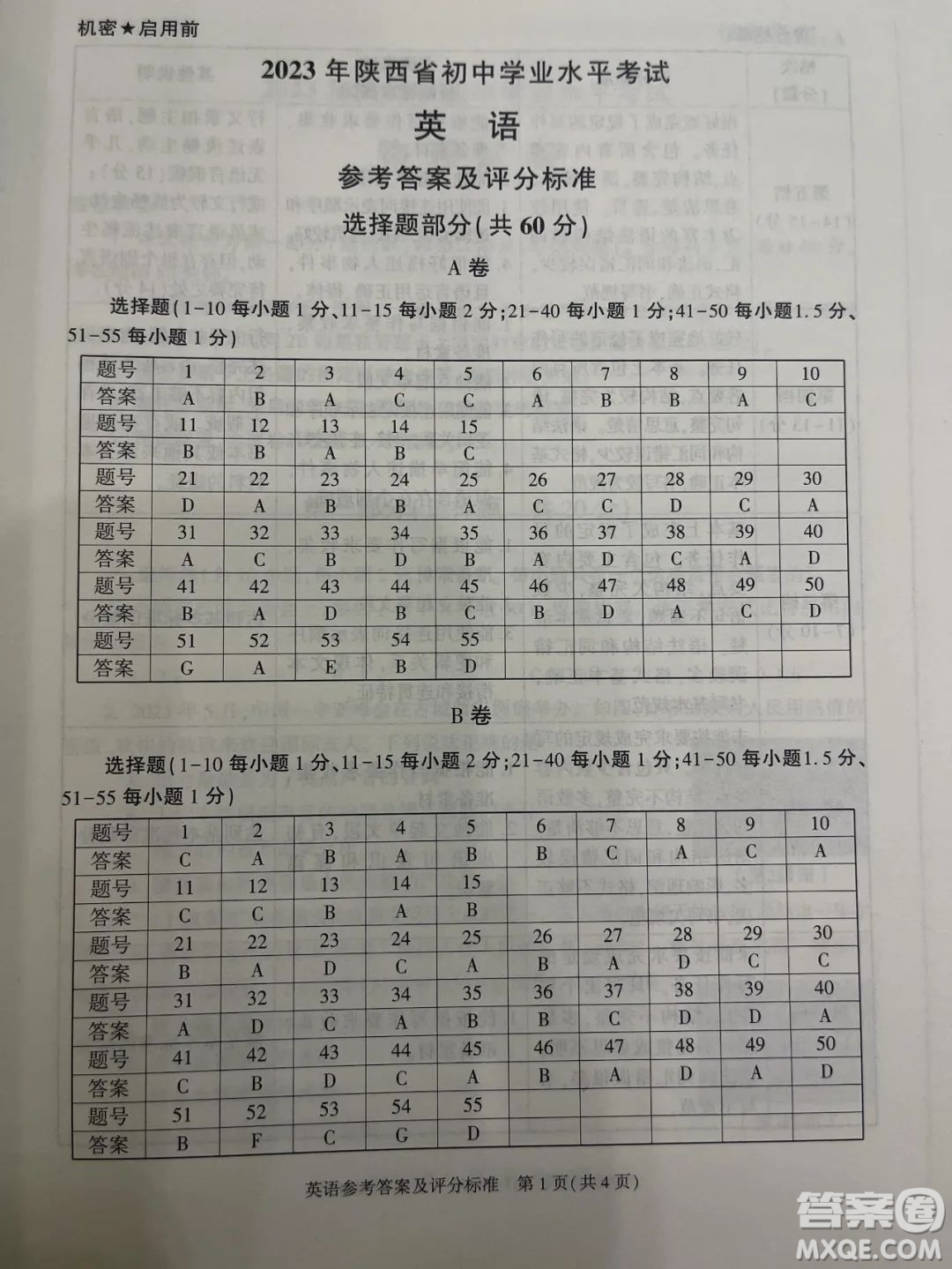 2023陜西中考英語試卷答案