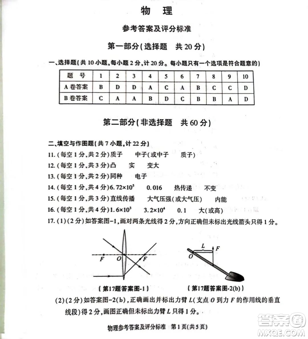 2023陜西中考物理試卷答案