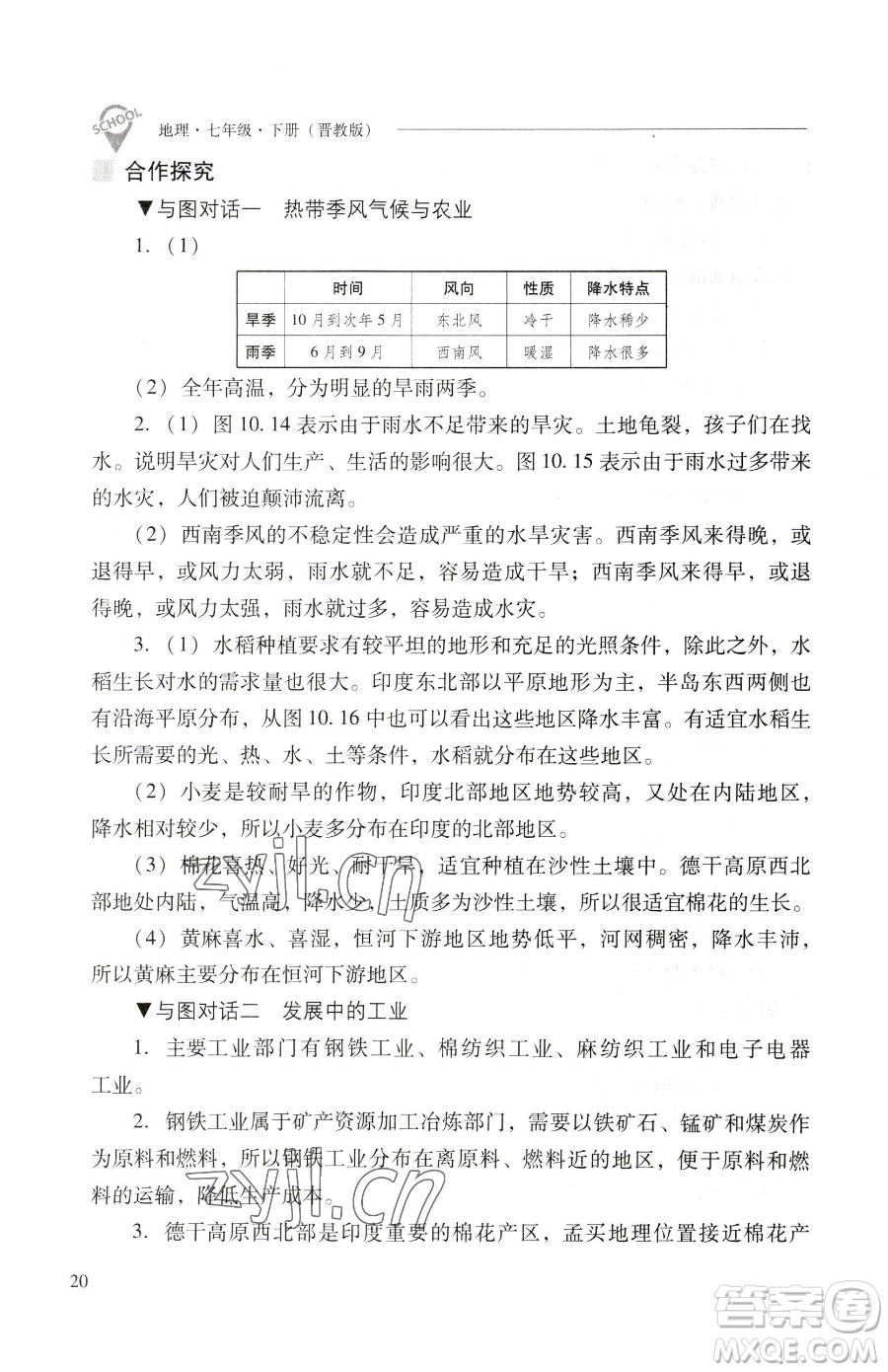 山西教育出版社2023新課程問題解決導(dǎo)學(xué)方案七年級下冊地理晉教版參考答案