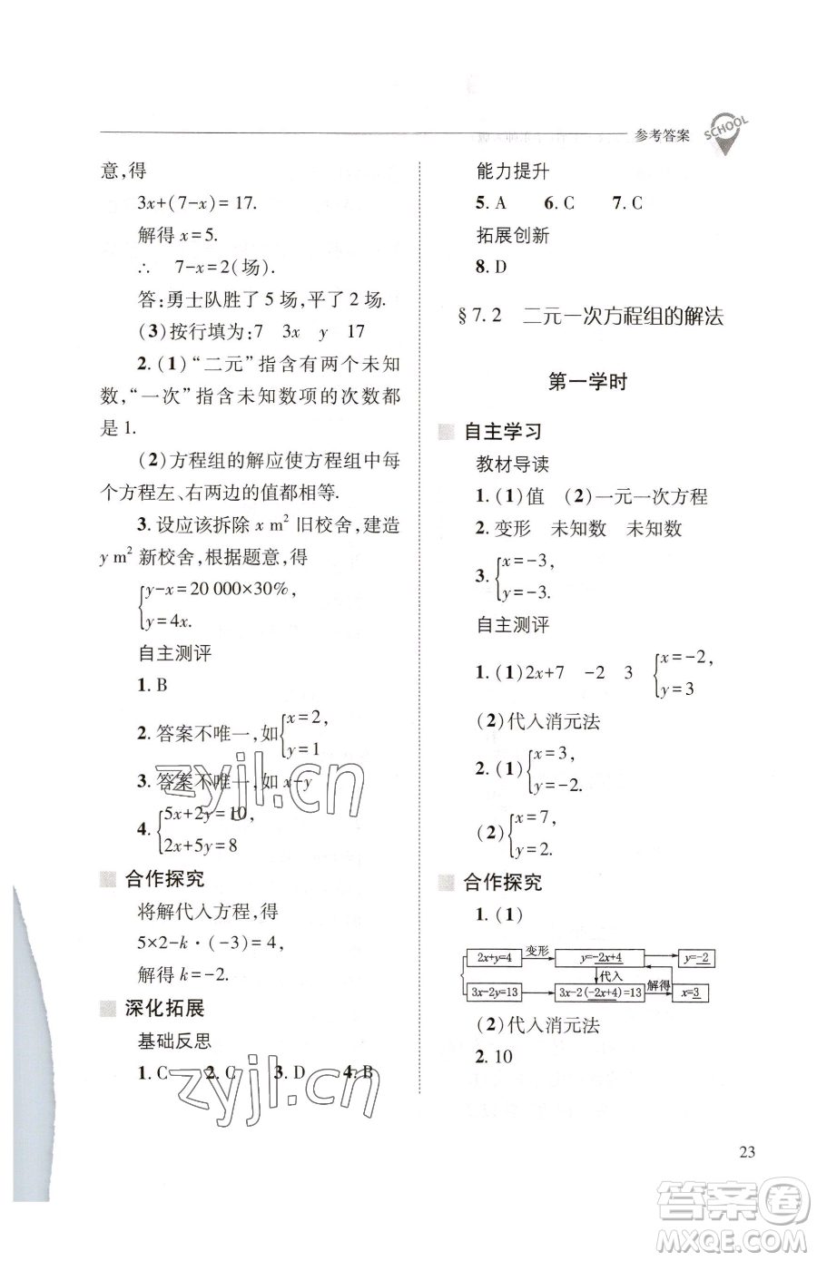 山西教育出版社2023新課程問(wèn)題解決導(dǎo)學(xué)方案七年級(jí)下冊(cè)數(shù)學(xué)華東師大版參考答案