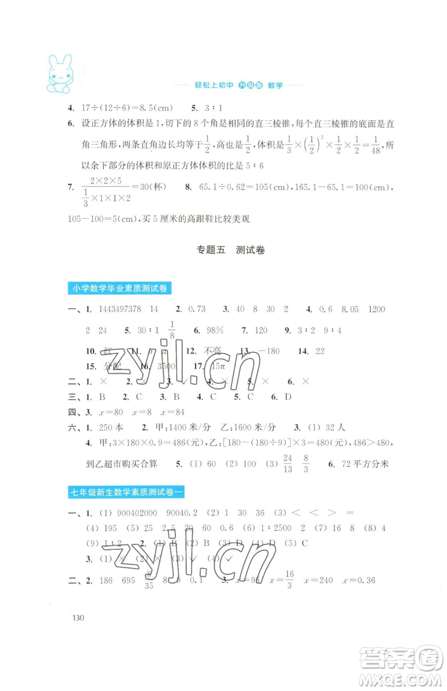 浙江教育出版社2023輕松上初中暑假作業(yè)六年級(jí)數(shù)學(xué)升級(jí)版參考答案