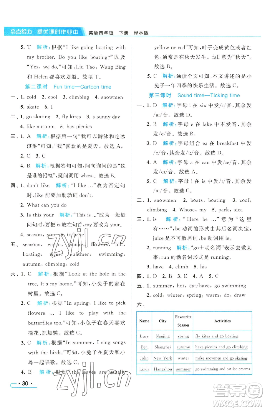 北京教育出版社2023亮點給力提優(yōu)課時作業(yè)本四年級下冊英語譯林版參考答案