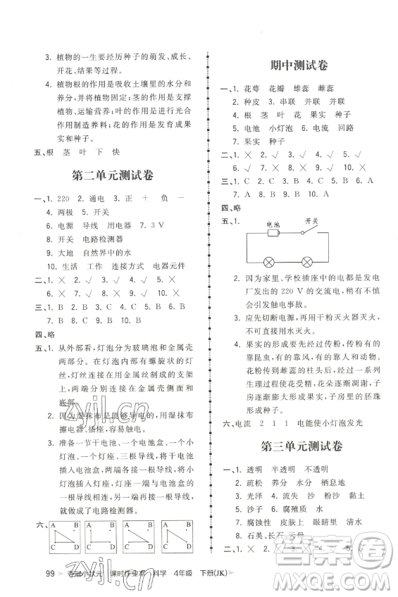 甘肅少年兒童出版社2023智慧翔奪冠小狀元課時作業(yè)本四年級下冊科學(xué)教科版參考答案