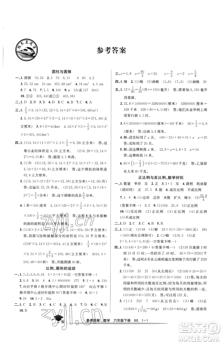 寧波出版社2023期末直通車六年級下冊數(shù)學(xué)北師大版參考答案