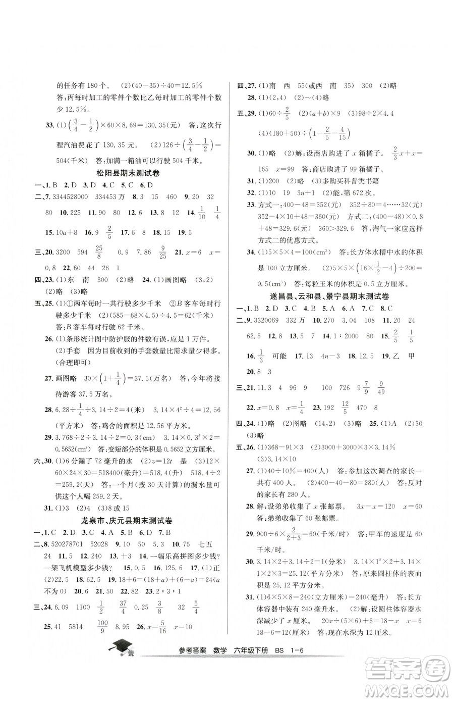 寧波出版社2023期末直通車六年級下冊數(shù)學(xué)北師大版參考答案