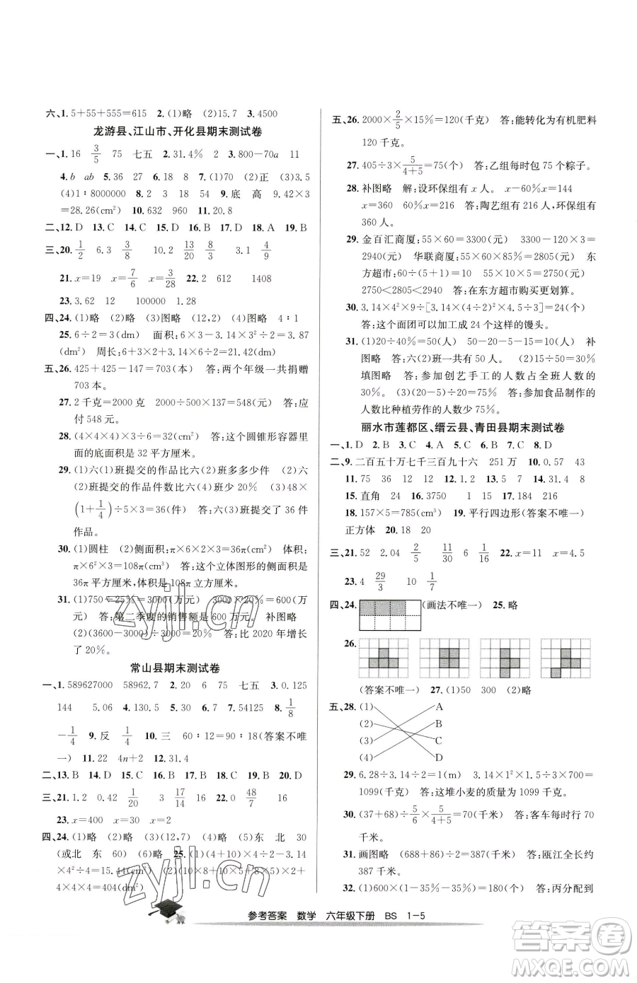 寧波出版社2023期末直通車六年級下冊數(shù)學(xué)北師大版參考答案