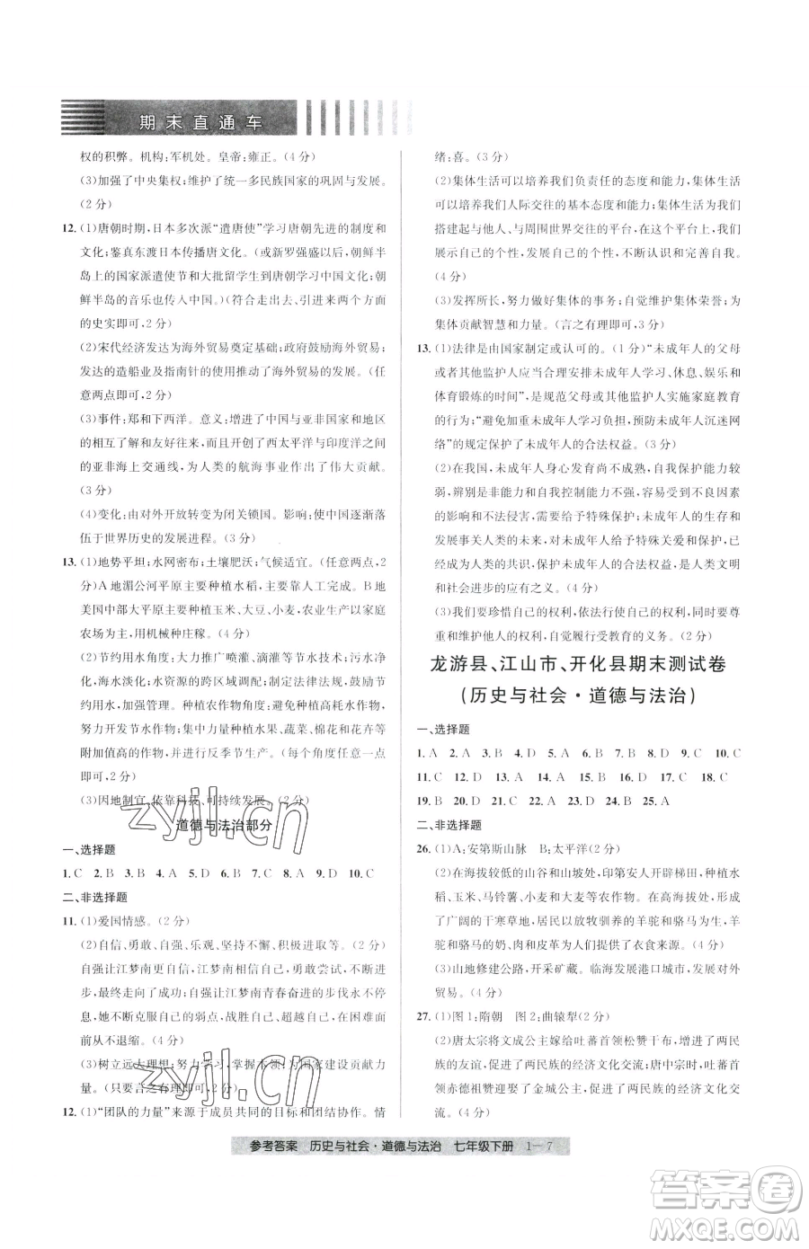 寧波出版社2023期末直通車七年級下冊道德與法治人教版參考答案