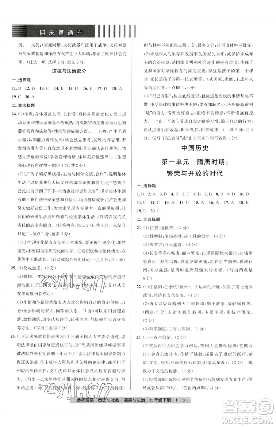 寧波出版社2023期末直通車七年級下冊道德與法治人教版參考答案