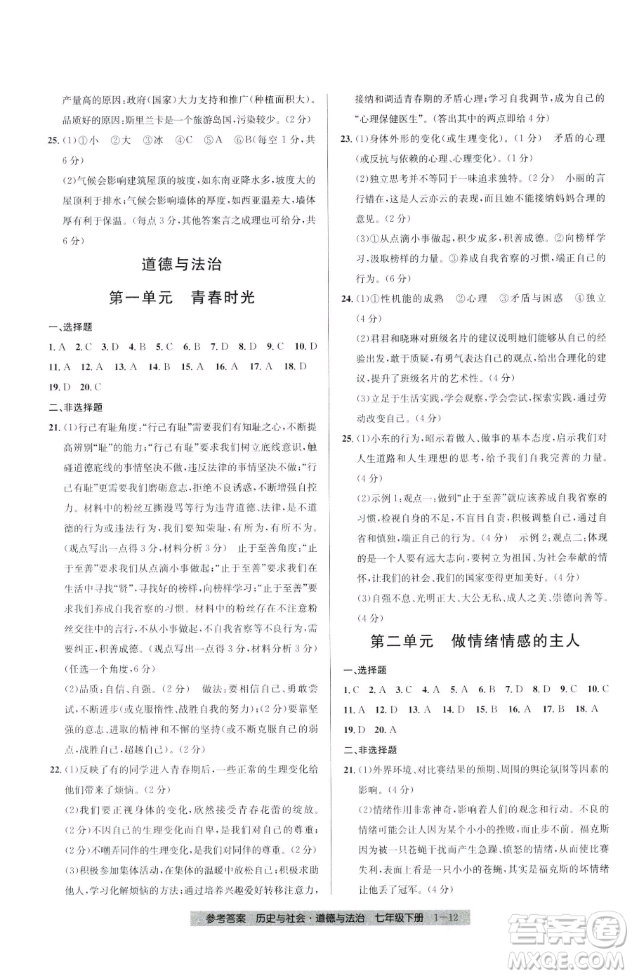 寧波出版社2023期末直通車七年級下冊道德與法治人教版參考答案