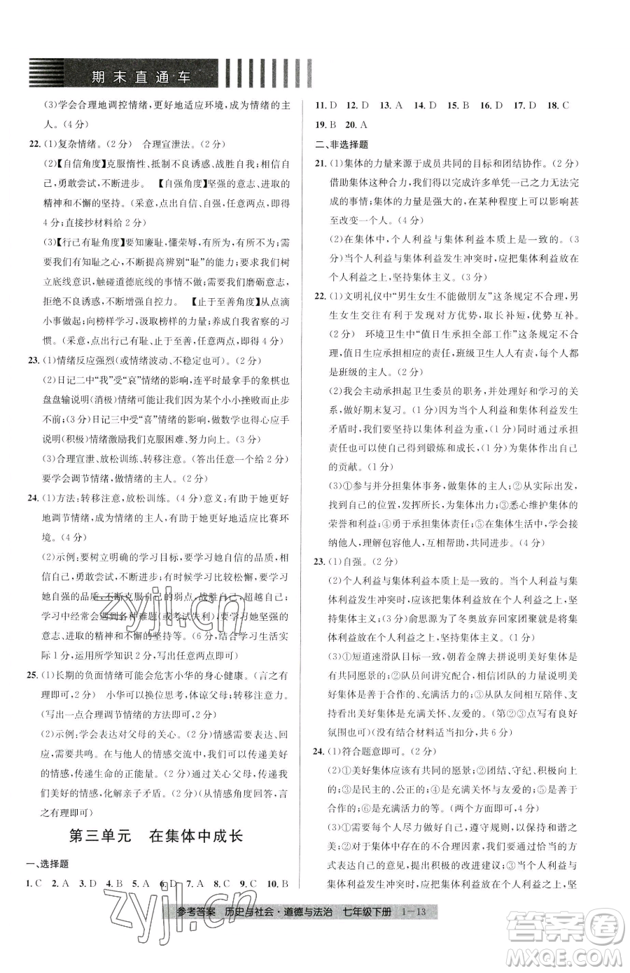 寧波出版社2023期末直通車七年級下冊道德與法治人教版參考答案