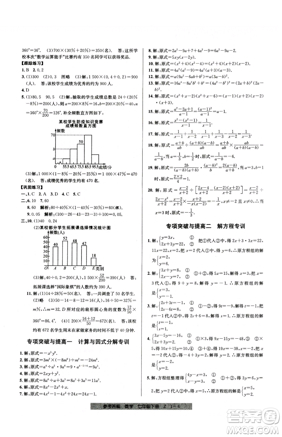 寧波出版社2023期末直通車七年級下冊數(shù)學(xué)浙教版參考答案