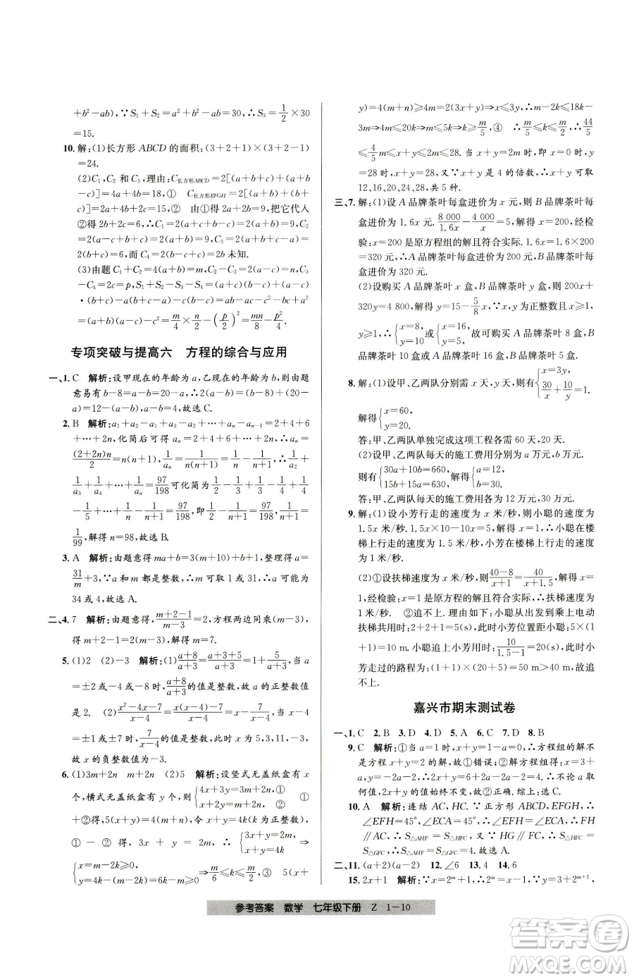 寧波出版社2023期末直通車七年級下冊數(shù)學(xué)浙教版參考答案