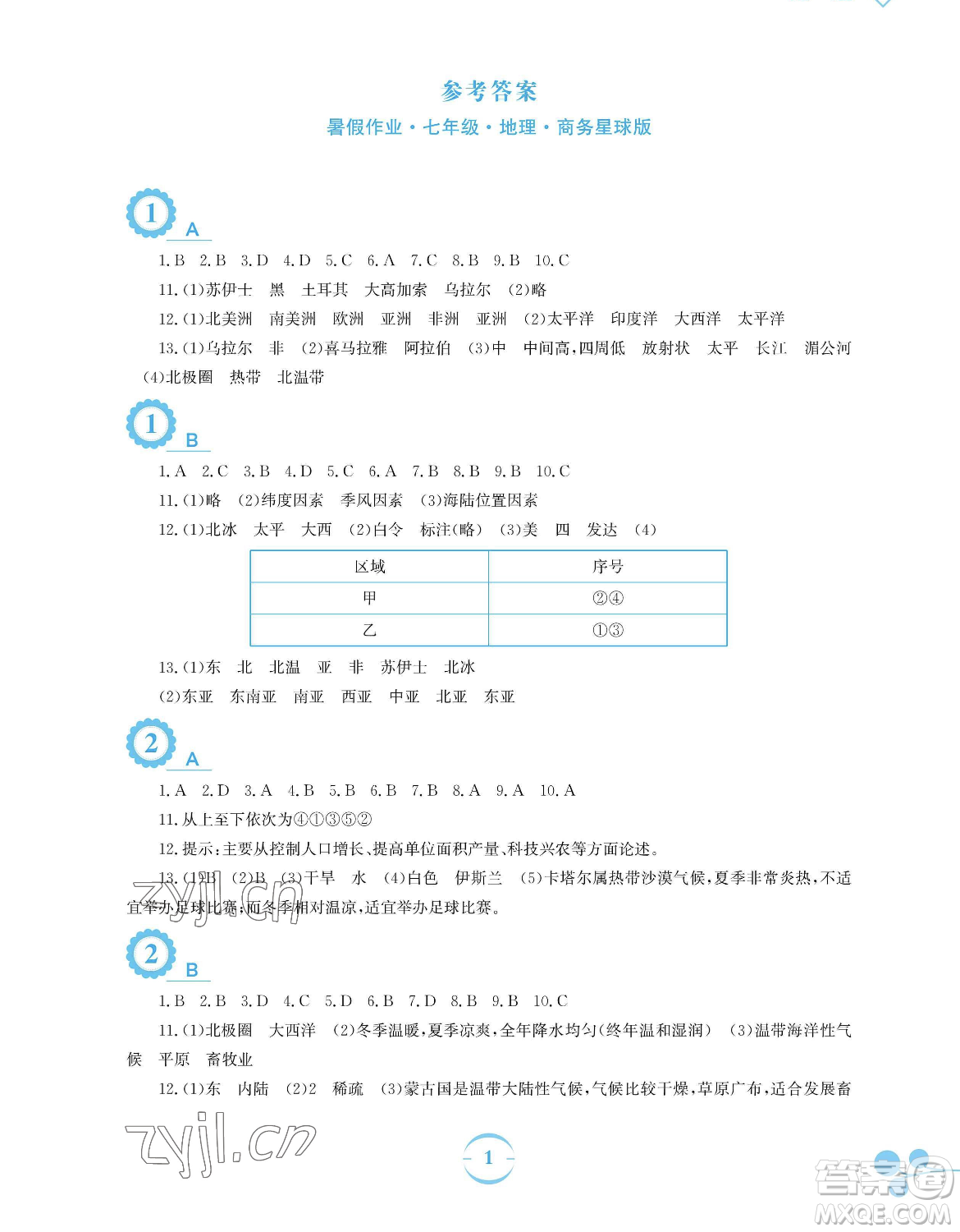 安徽教育出版社2023暑假作業(yè)七年級(jí)地理商務(wù)星球版參考答案